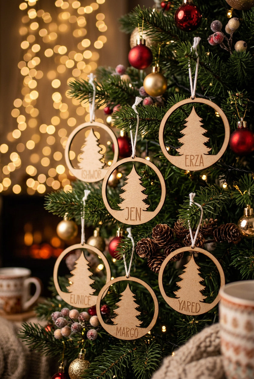 A set of personalized wooden Christmas ornaments shaped like tree silhouettes inside circular frames, each engraved with a name, shown on a plain light background.