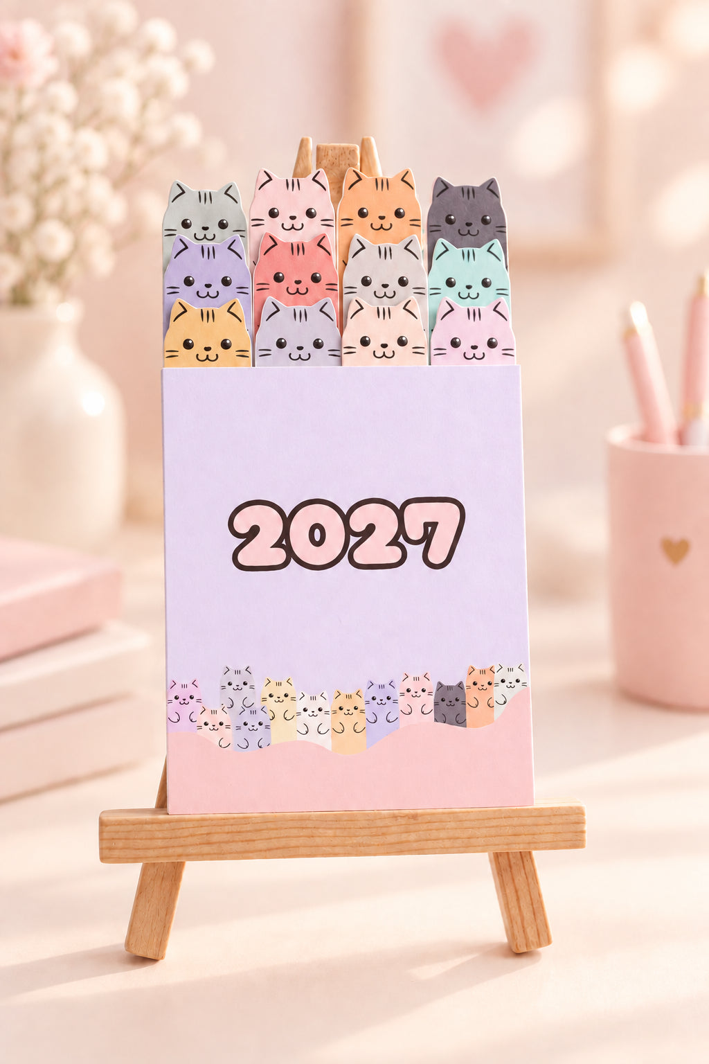 A 2027 desk calendar featuring cute cartoon cats in various colors, displayed on a small wooden easel stand.