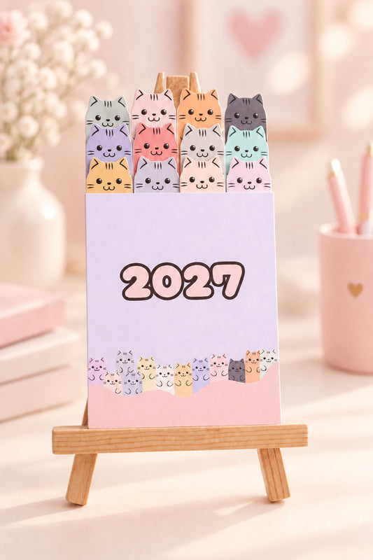A 2027 desk calendar featuring cute cartoon cats in various colors, displayed on a small wooden easel stand.
