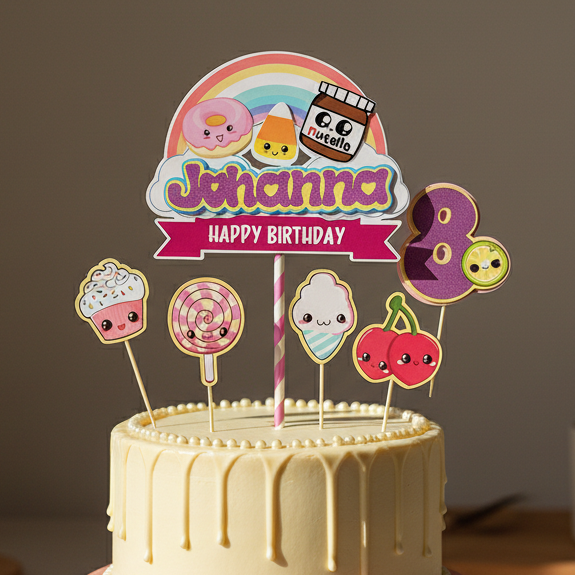 Two-tiered birthday cake with colorful topper on a neutral background

Nutella cupcake candy theme cake topper