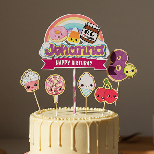 Two-tiered birthday cake with colorful topper on a neutral background

Nutella cupcake candy theme cake topper