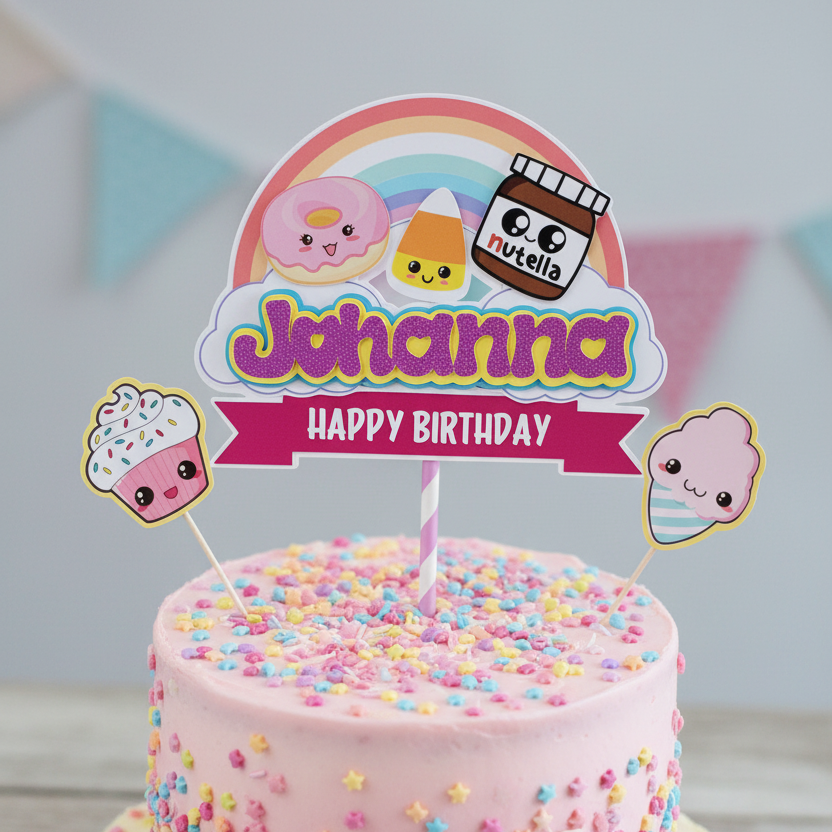  sweet nutella themed cake topper on a pink and white cake