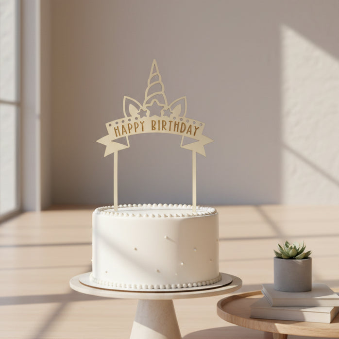 Unicorn Wooden birthday cake topper with 'Happy Birthday' text