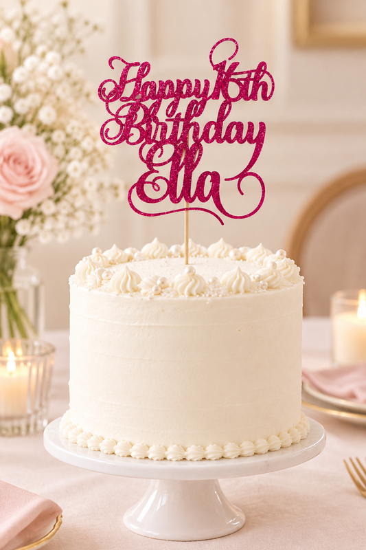 Personalized Cursive Birthday Themed Cake Topper